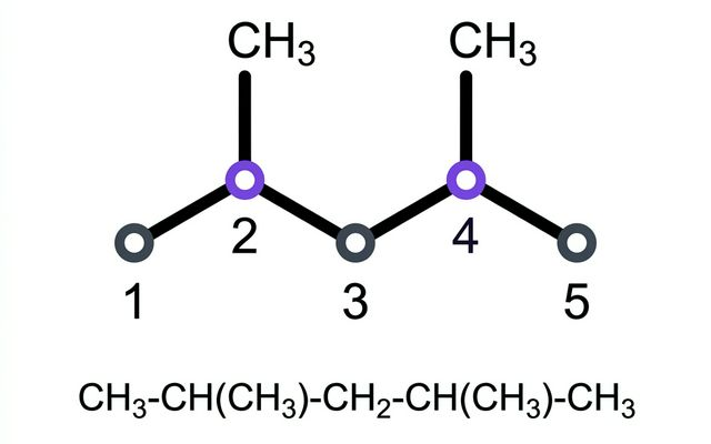 2,4-Dimethylpentane molecular structure showing skeletal formula with violet-highlighted carbons 2 and 4 with CH₃ branches