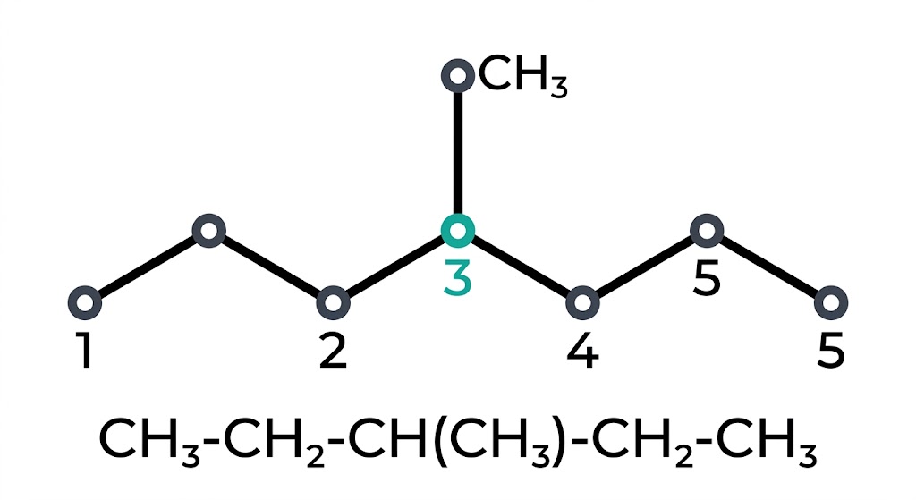 3-Methylpentane molecular structure showing skeletal formula with teal-highlighted carbon 3 and CH₃ branch