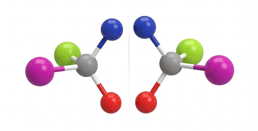 A chiral molecule and its mirror image