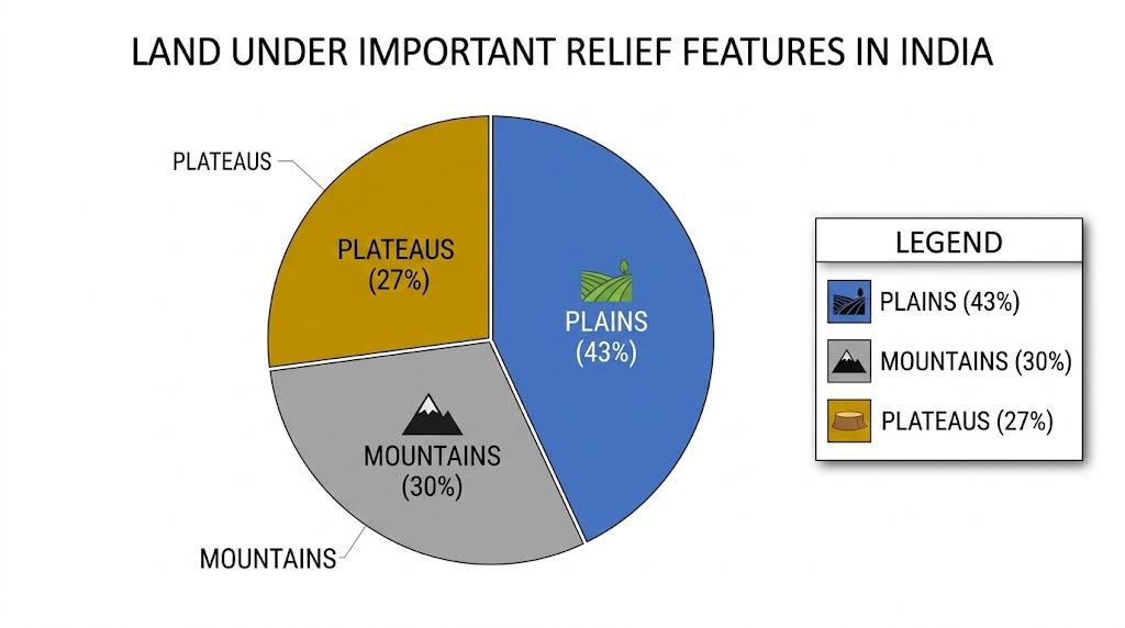 Pie chart of land under important relief features in India