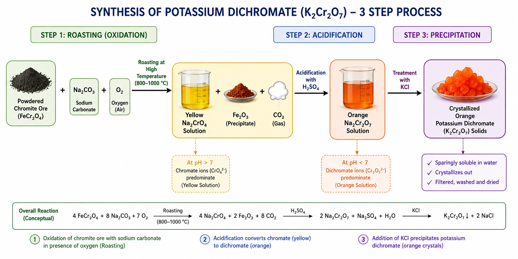 3-Step Preparation Flowchart of Potassium Dichromate (K2Cr2O7)
