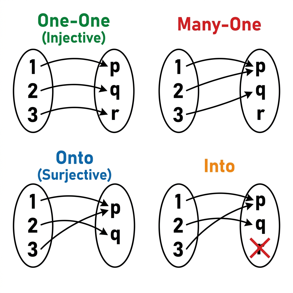 Types of Functions — One-One, Many-One, Onto, Into