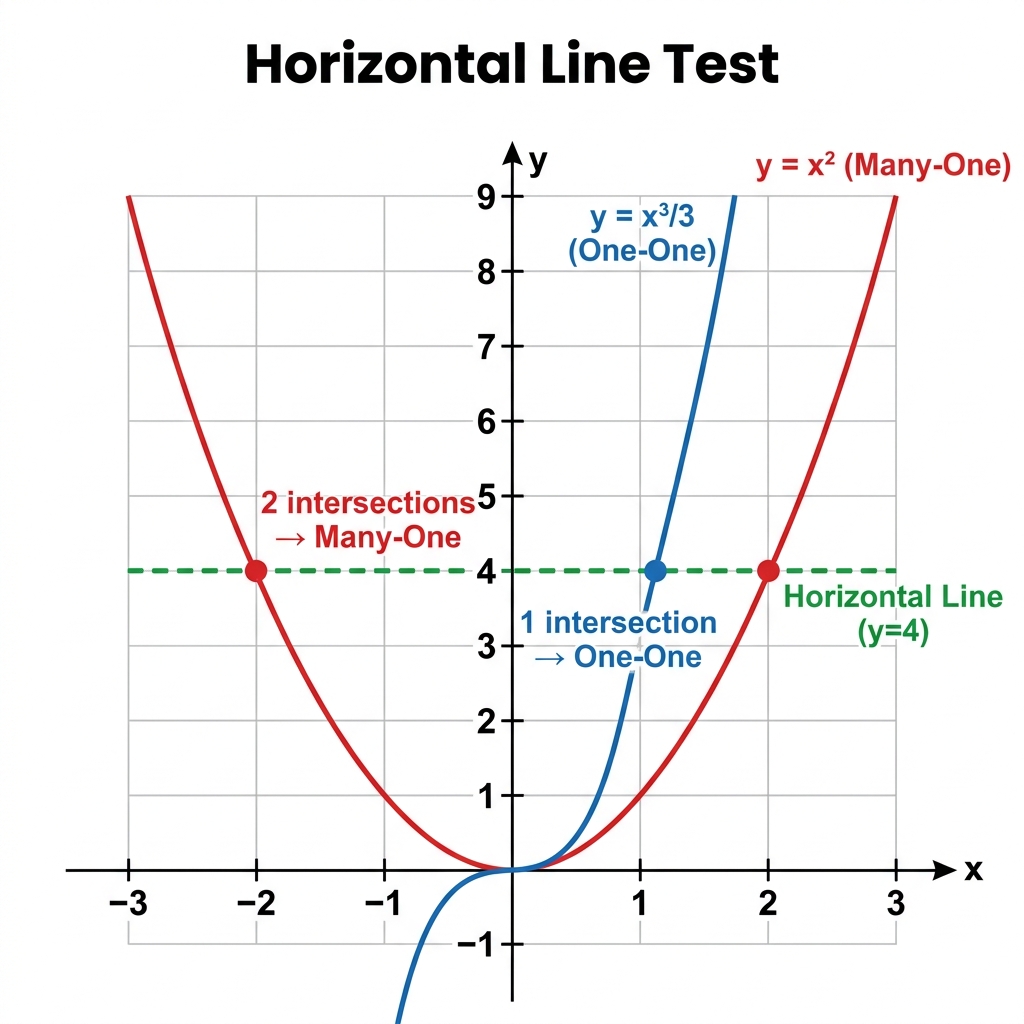 Horizontal Line Test — y=x² (Many-One) vs y=x³/3 (One-One)
