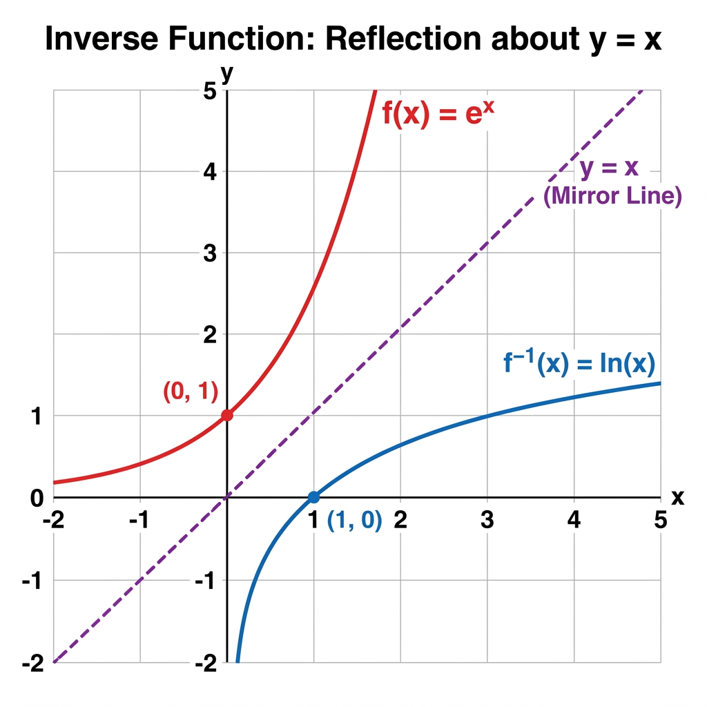 Inverse Function: f(x)=eˣ and f⁻¹(x)=ln(x) are reflections about y=x