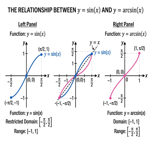 Principal-Branch Graph of y=sin⁻¹x with Reflection Logic