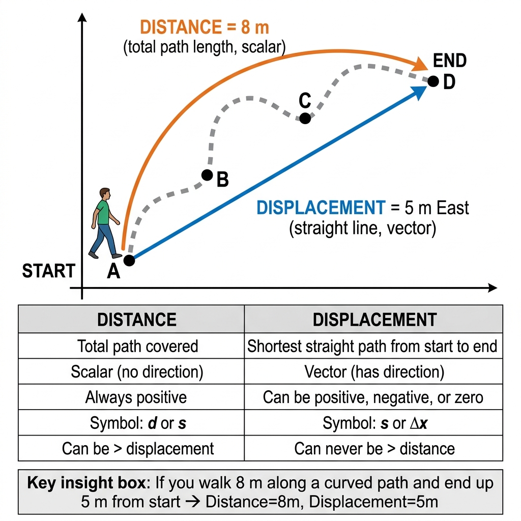 Difference between distance and displacement