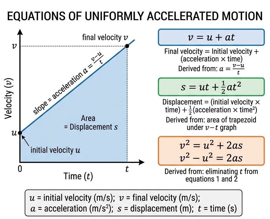 Three equations of motion with velocity-time graph derivation