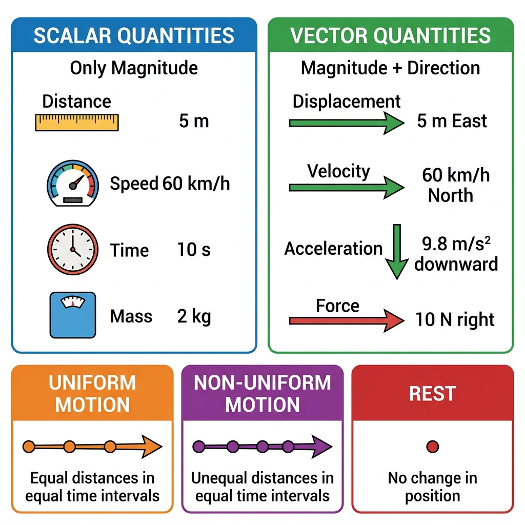 Scalar vs Vector quantities and types of motion