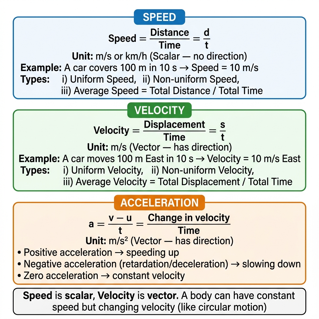 Speed, Velocity and Acceleration formulas and types